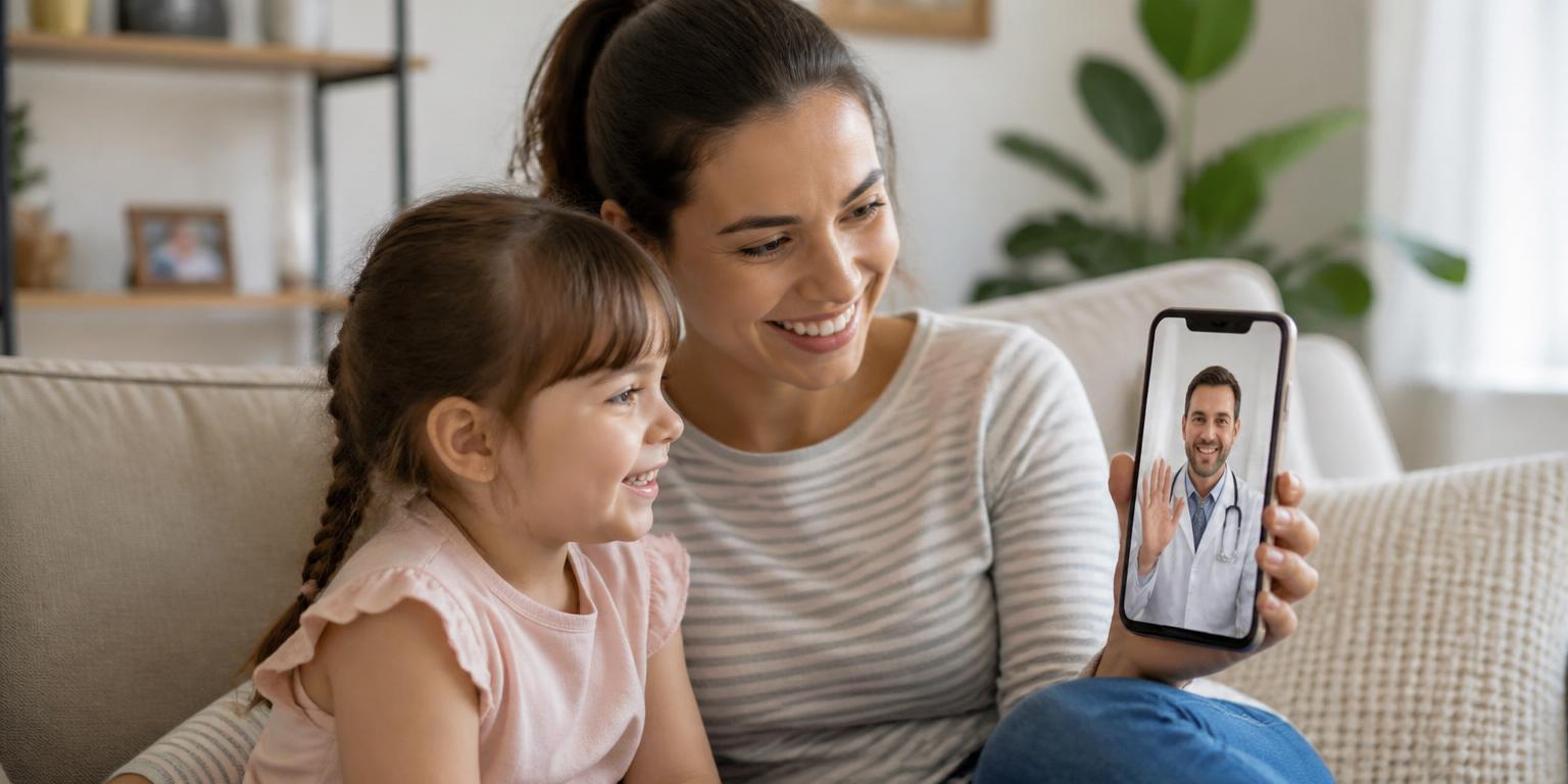 Mother and child on a video call with a doctor from home
